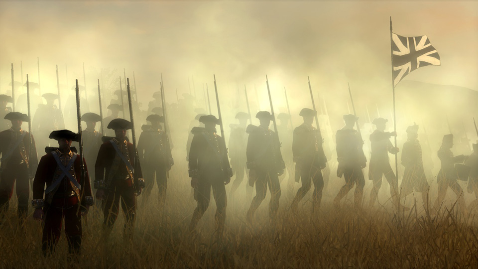 The British Army advances in line through a fog of war.