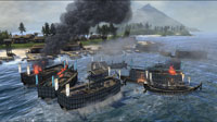 В ходе прибрежного сражения зажигательные снаряды и огненные стрелы причиняют огромный ущерб деревянным кораблям.