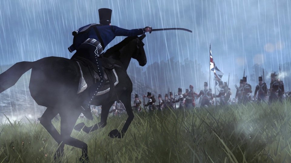 A French hussar charges uphill towards british ranks through driving rain. Brave, but probably futile.