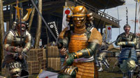 Clad in traditional armor, an elite katana-wielding demon-masked samurai battles opponents on all sides.