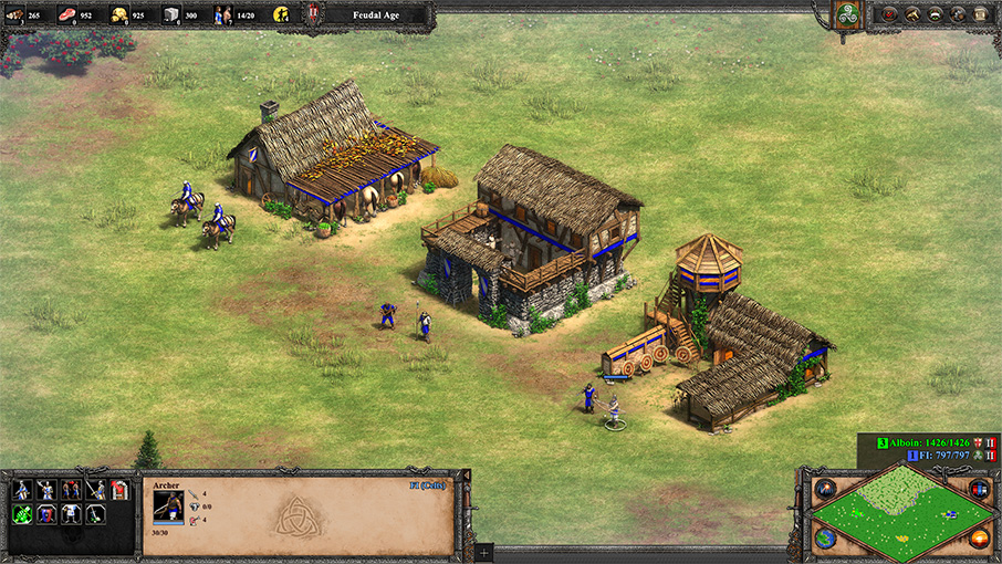 Image of a Barracks, Archery Range, Stables in a line, with a couple of units trained from each outside