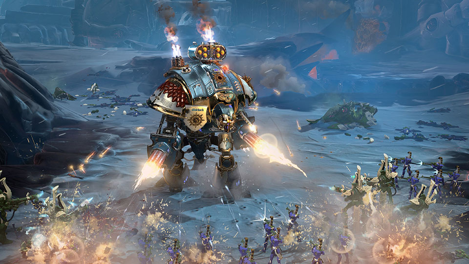 Lady Solaria of the Space Marines, piloting her Imperial Knight, fires a Gatling Barrage at the Eldar frontline.