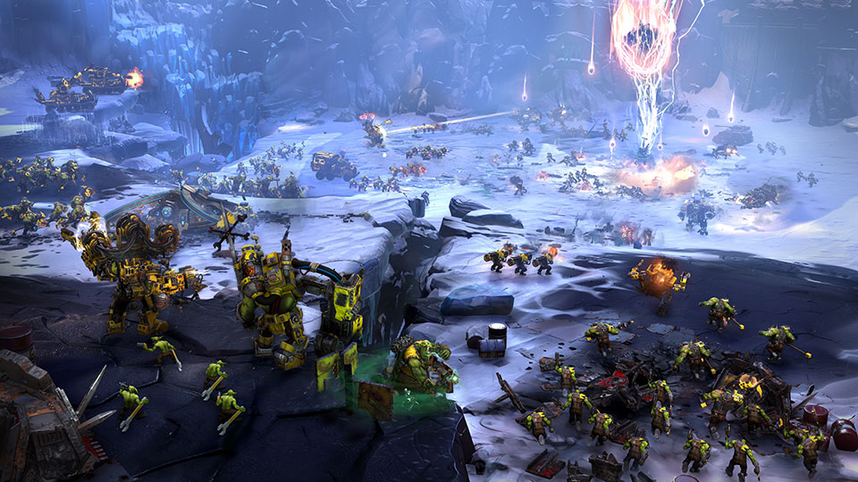 Warboss Gorgutz and Big Mek Wazmakka, two Ork Elite Units, call in a devastating orbital strike on a Space Marine army.