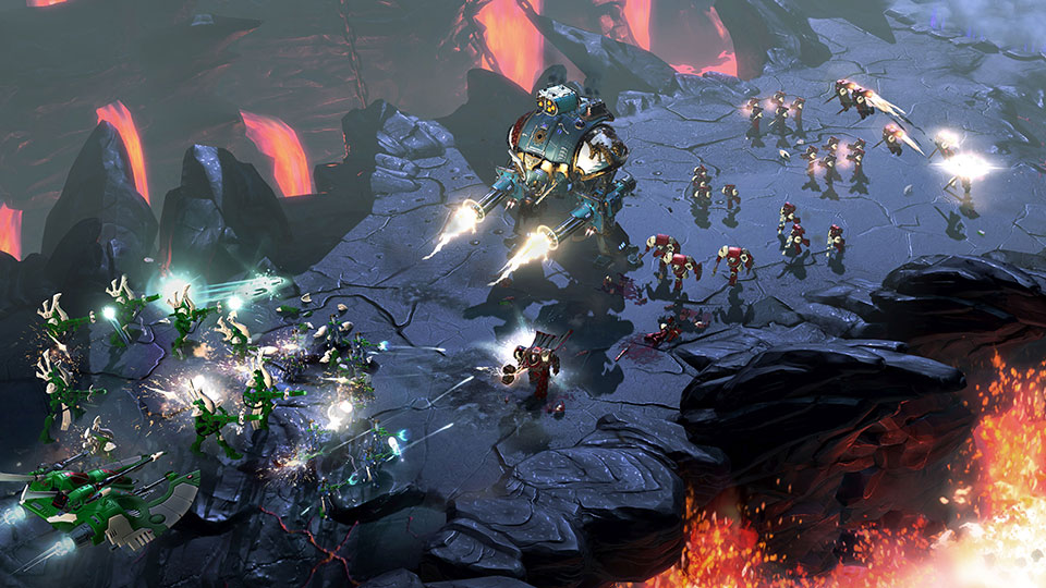 Lady Solaria pushes back an Eldar onslaught with Space Marine Captain Gabriel Angelos of the Blood Ravens chapter and a unit of Assault Terminators.