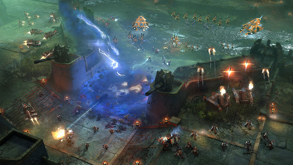 The Eldar uses their Eldritch Storm super-ability to attack a Space Marine fortification with a massive tempest of psychic power.