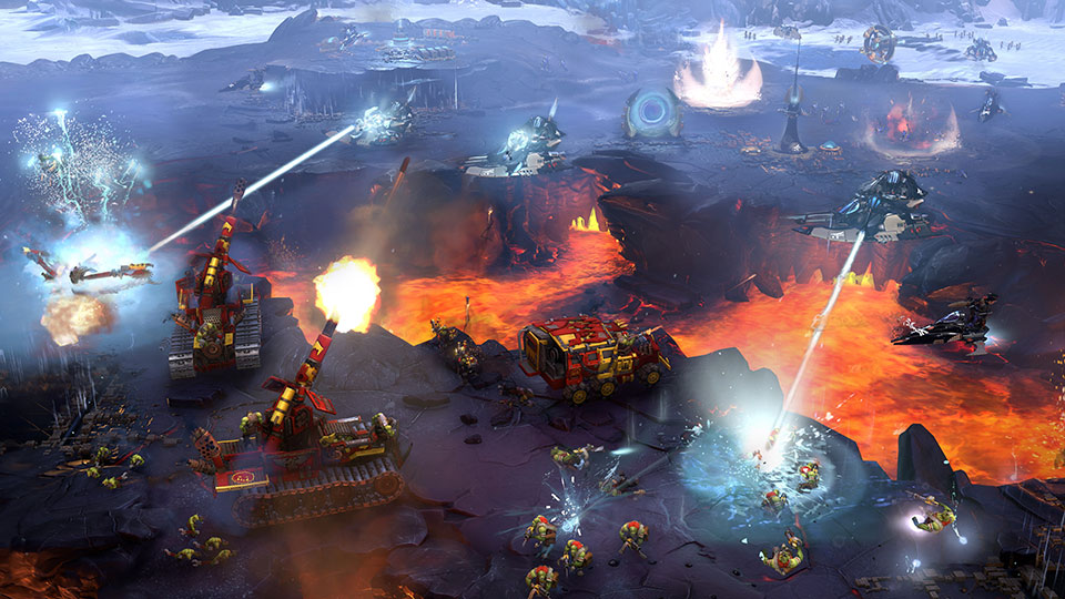 Eldar and Ork heavy artillery exchange explosive blows across the lava of an Eldar base.