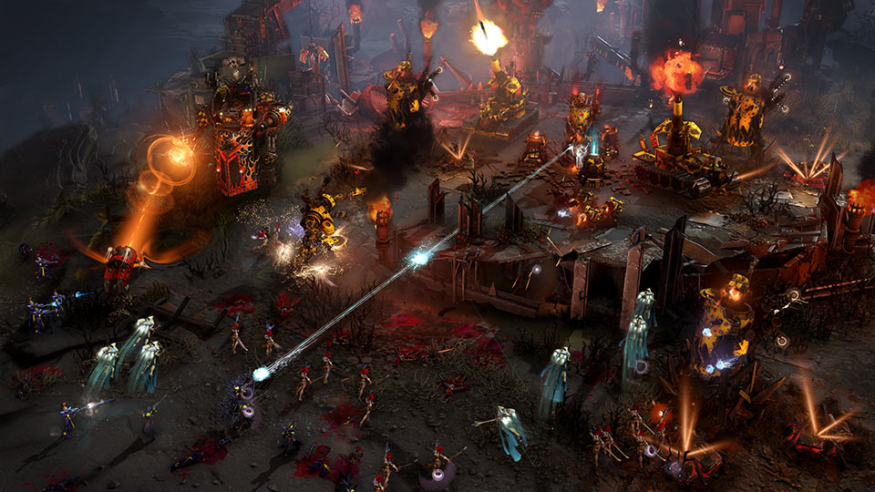 Eldar Rangers attack an Ork WAAAGH Tower defended by Beauty Da Morkanaut, a goliath war engine.